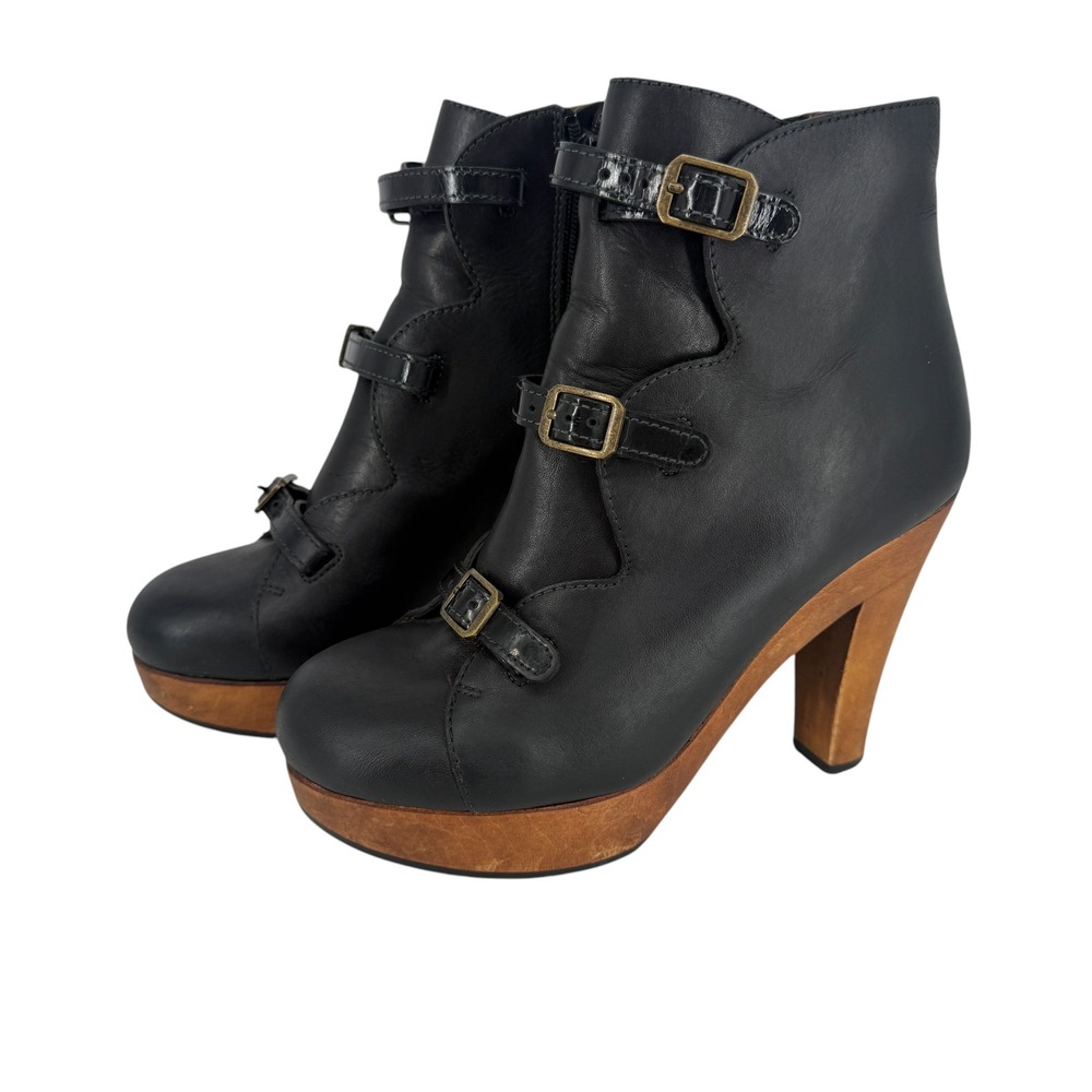 See Chloe Buckle Strap Wood Platform Ankle Boots Black Leather Size 36.5